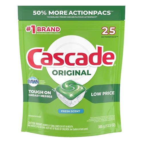 Image for Cascade Dishwasher Detergent, Fresh Scent, Action Pacs,25ea from Harmon's Drug Store