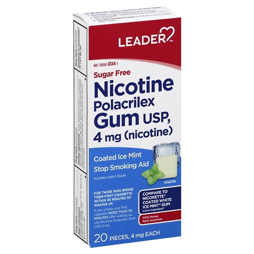 Image for Leader Nicotine Polacrilex Gum, 4 mg, Coated Ice Mint,20ea from Harmon's Drug Store