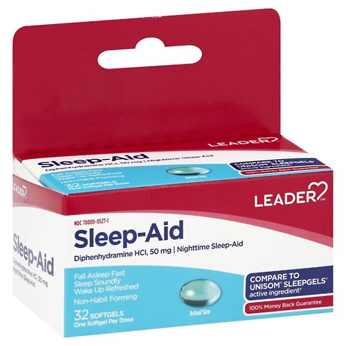 Image for Leader Sleep-Aid, Softgels,32ea from Harmon's Drug Store